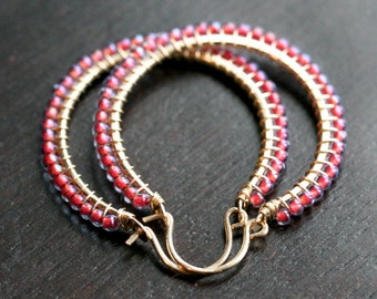 Red and blue beaded hoops, seed bead hoops, large, Toho seed beads, 14k gold filled, wire wrapped hoops, Mimi Michele Jewelry
