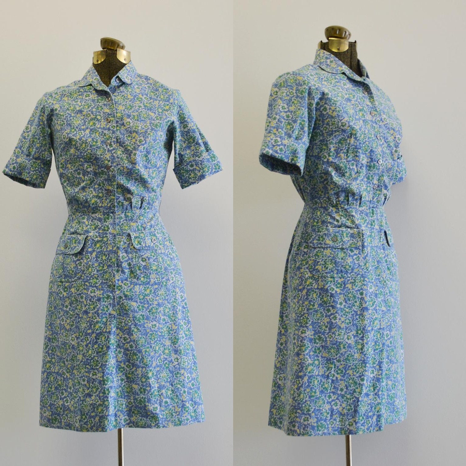 60s Villager Dress / 1960s Floral Dress / Blue Shirtwaist XS S