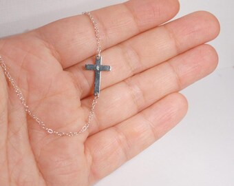 Sideways cross necklace, sterling silver necklace, celebrity inspired necklace