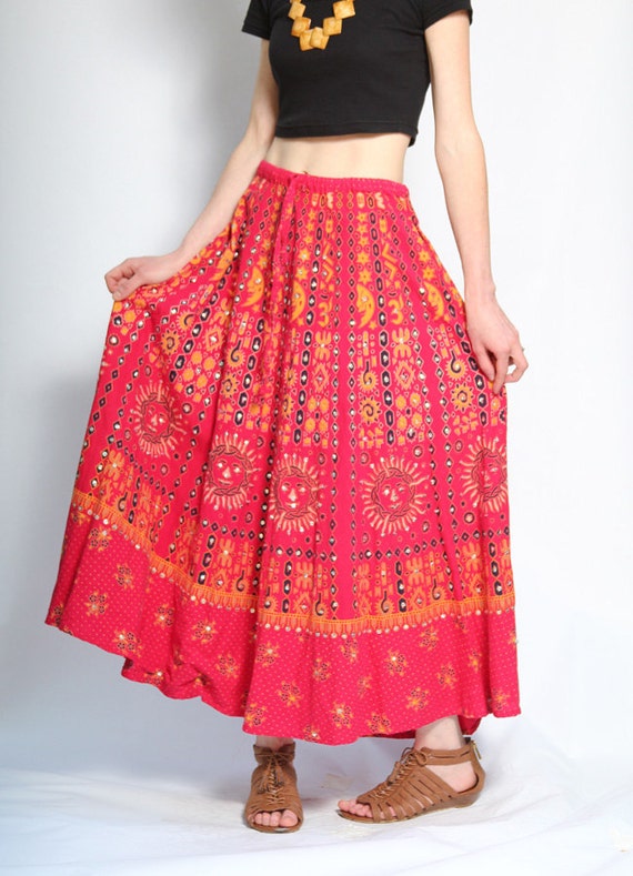 Vintage Sun and Moon Maxi Skirt Red 70's Hippie