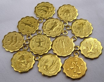 1 Set of Twelve Zodiac Signs Small Raw Brass Charms in Gold 12pcs