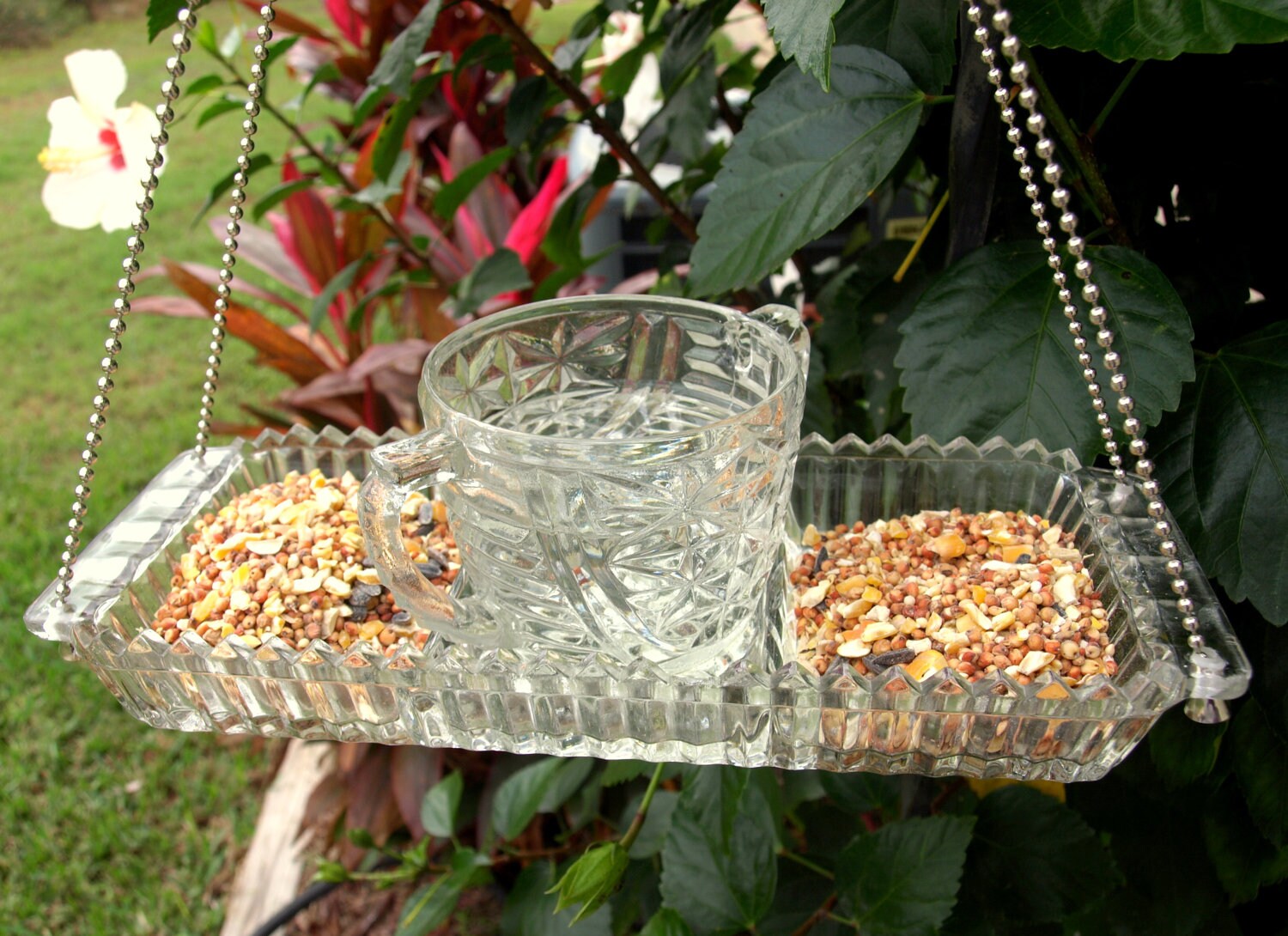 Vintage Sugar Bowl Triple Hanging Bird Feeder Water Glass