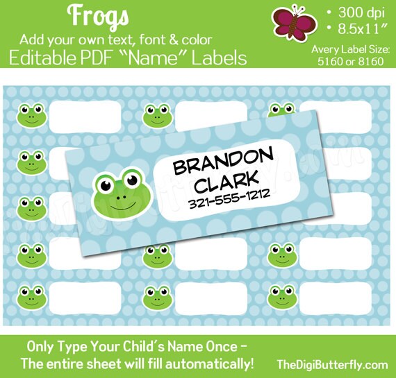 Frogs Childrens Name Labels EDITABLE PDF Add your own