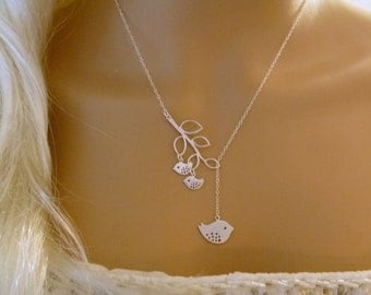 Mommy and Two Baby Birds Necklace - Mother and Child - Mom Necklace - Branch Lariat - Silver - Mommy Necklace - femmart