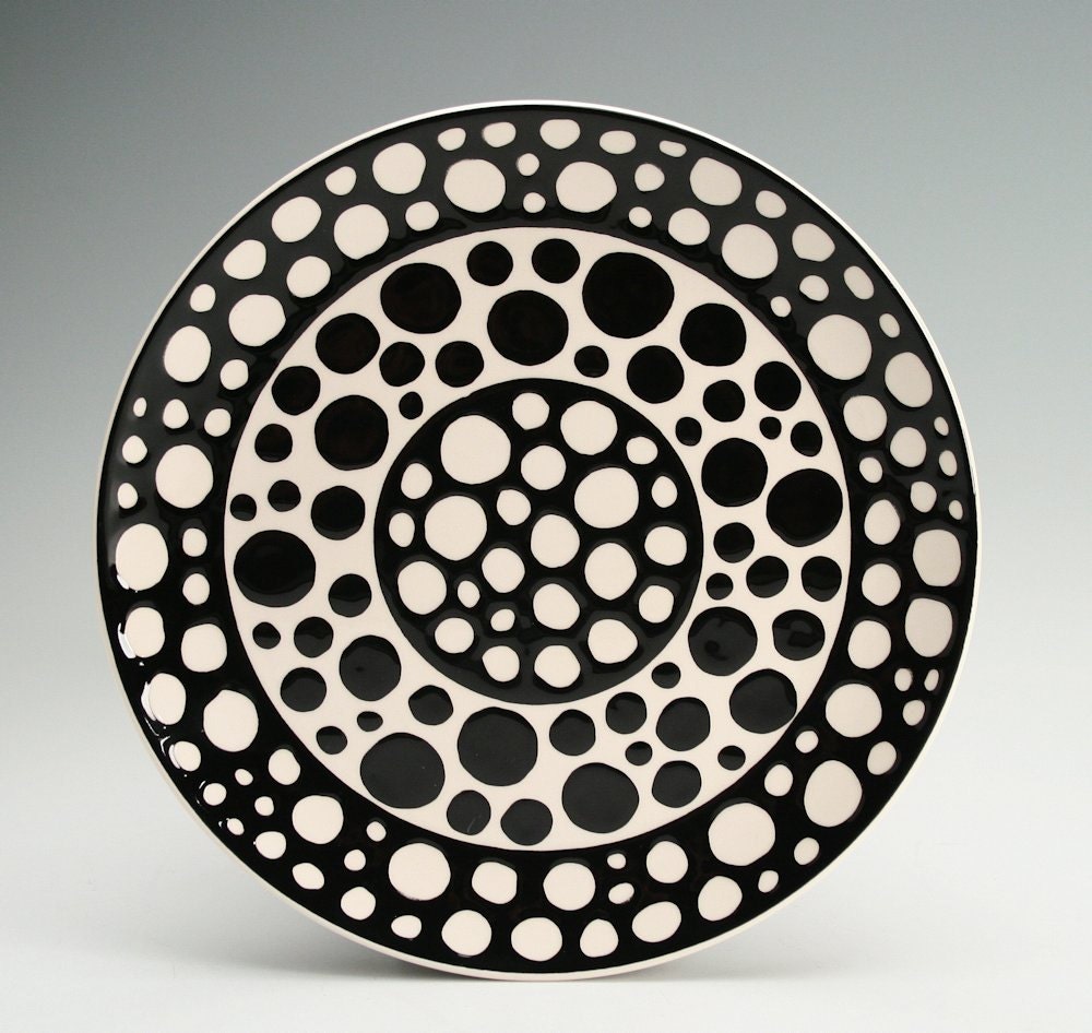 Polka Dot Plate Hand Painted Black and White Ready to Hang