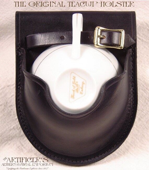 Black Leather Teacup Holster with Vintage Teacup
