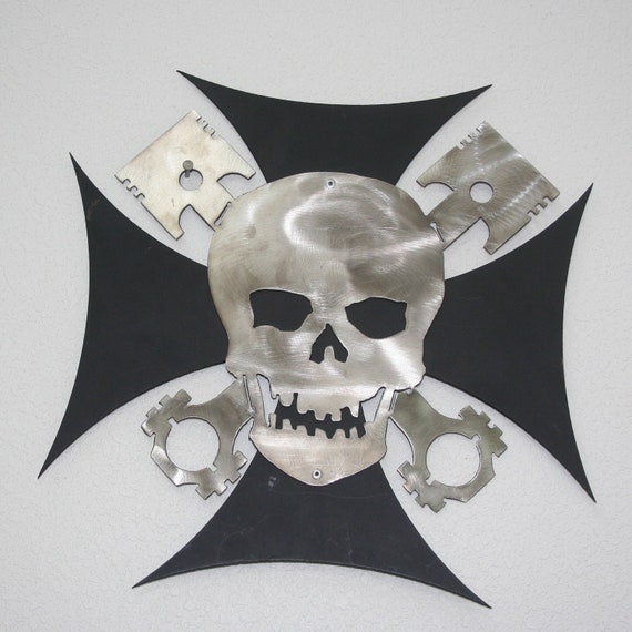 Skull+and+Cross+Pistons Iron Cross custom Skull and Cross Piston Bones recycled steel Man cave ...