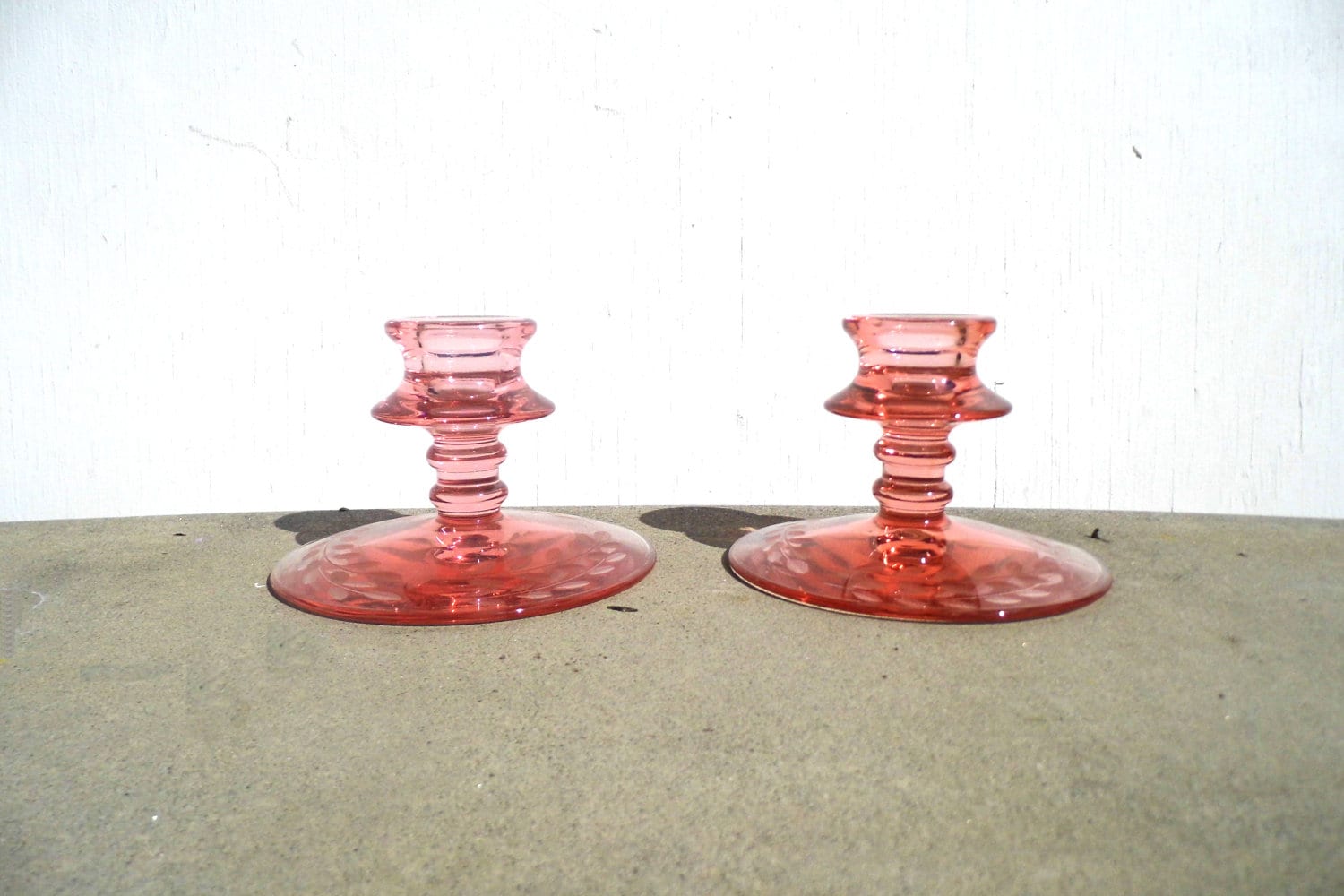 Pink Depression Glass Candle Holder Vintage by PaperWoodVintage