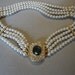 Vintage Pearl Choker Necklace with Fancy Rhinestone Clasp multi 4 strands of pearls in gold tone sapphire blue and clear rhinestones bridal