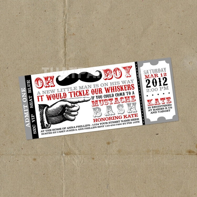 DIY Mustache Bash Party Ticket Style Invitations Digital U