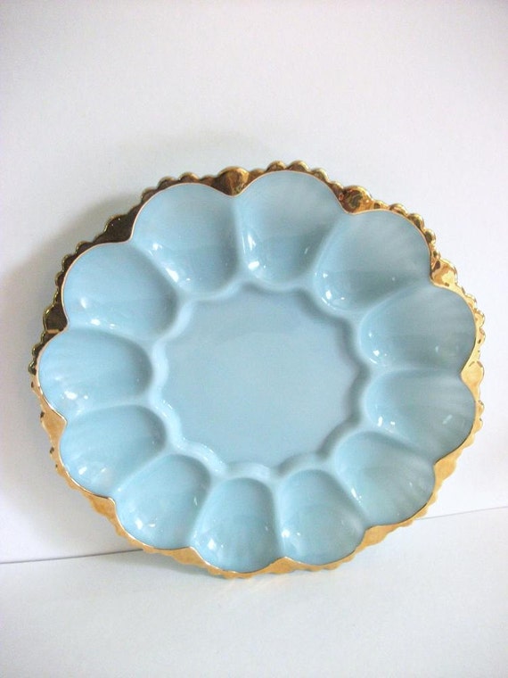 Vintage Egg Platter Blue Milk Glass