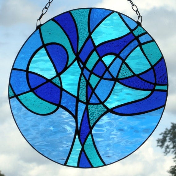 Stained glass abstract Tree of Life in blues by neilsglass on Etsy