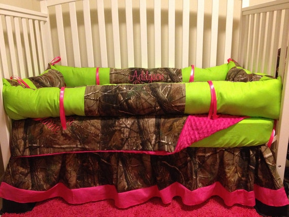 Camo RealTree With Lime & Pink Baby Crib Bedding Set With Camo RealTree With Lime & Pink Baby Crib Bedding Set With