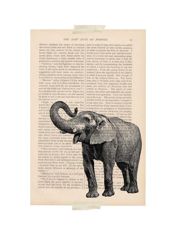 Items similar to dictionary art print - Elephant no 2 - recycled book ...