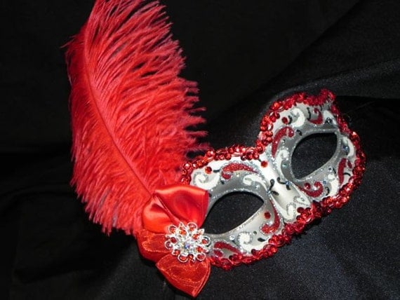 Red And Silver Feather Masquerade Mask By Thecraftychemist07