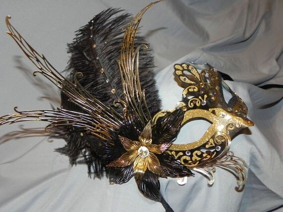 Feather Masquerade Mask in Black and Gold by TheCraftyChemist07