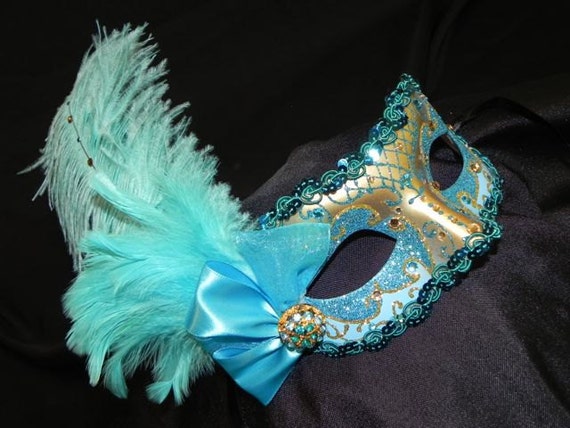 Masquerade Mask in Shades of Turquoise Aqua and Gold