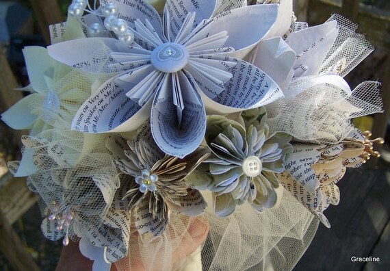 Bridal Bouquet With Origami Book Page or Sheet Music Flowers 15 Included