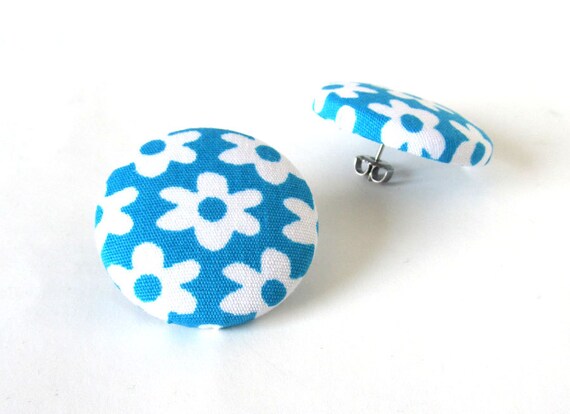 Big blue button earrings studs turquoise teal white by KooKooCraft