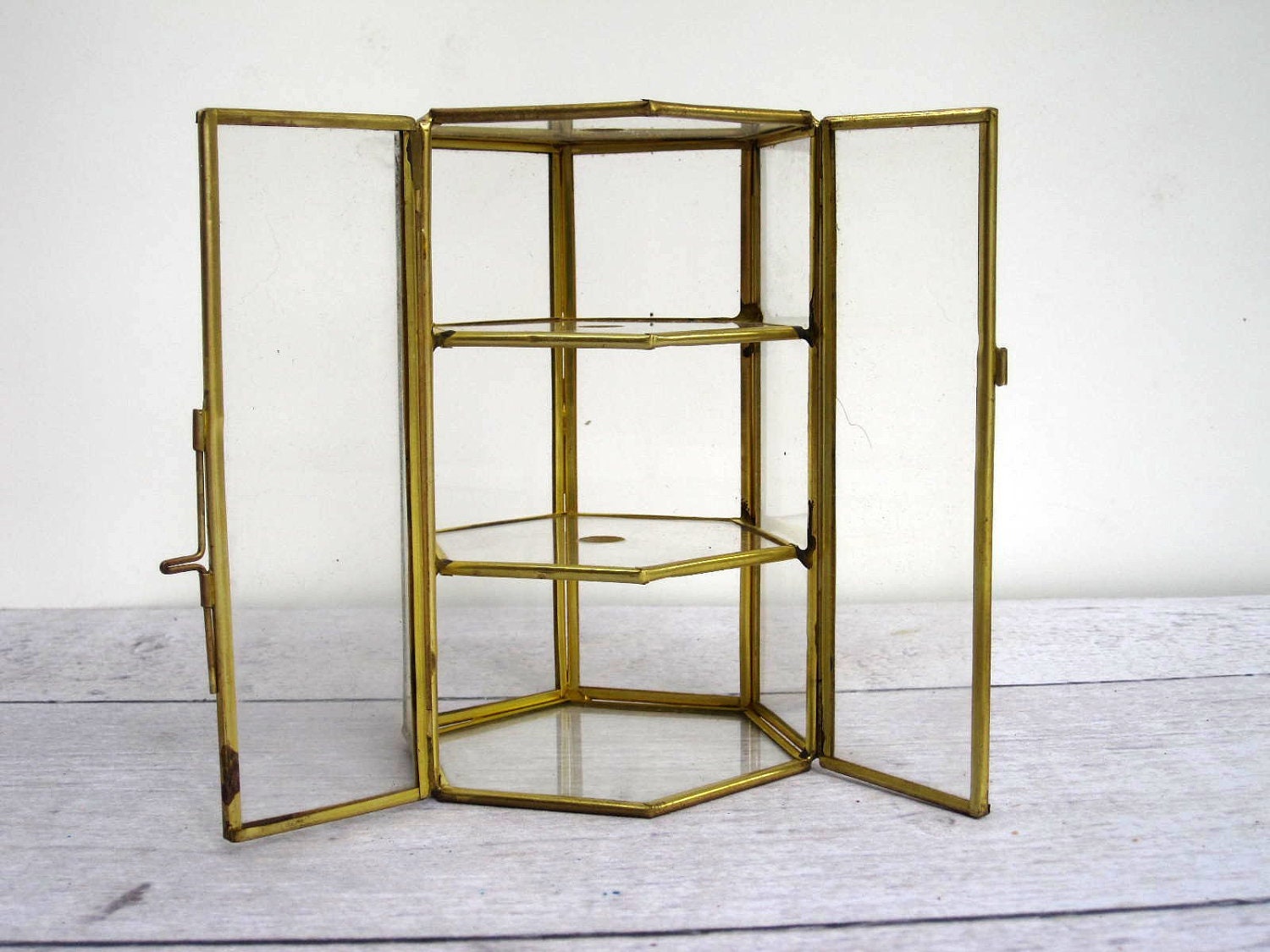 Display Case Glass And Brass Box Or Small Curio Cabinet