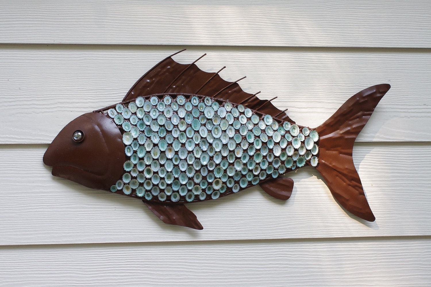 Nautical Wall Decor Metal Fish with Aqua by ByTheSeashoreDecor