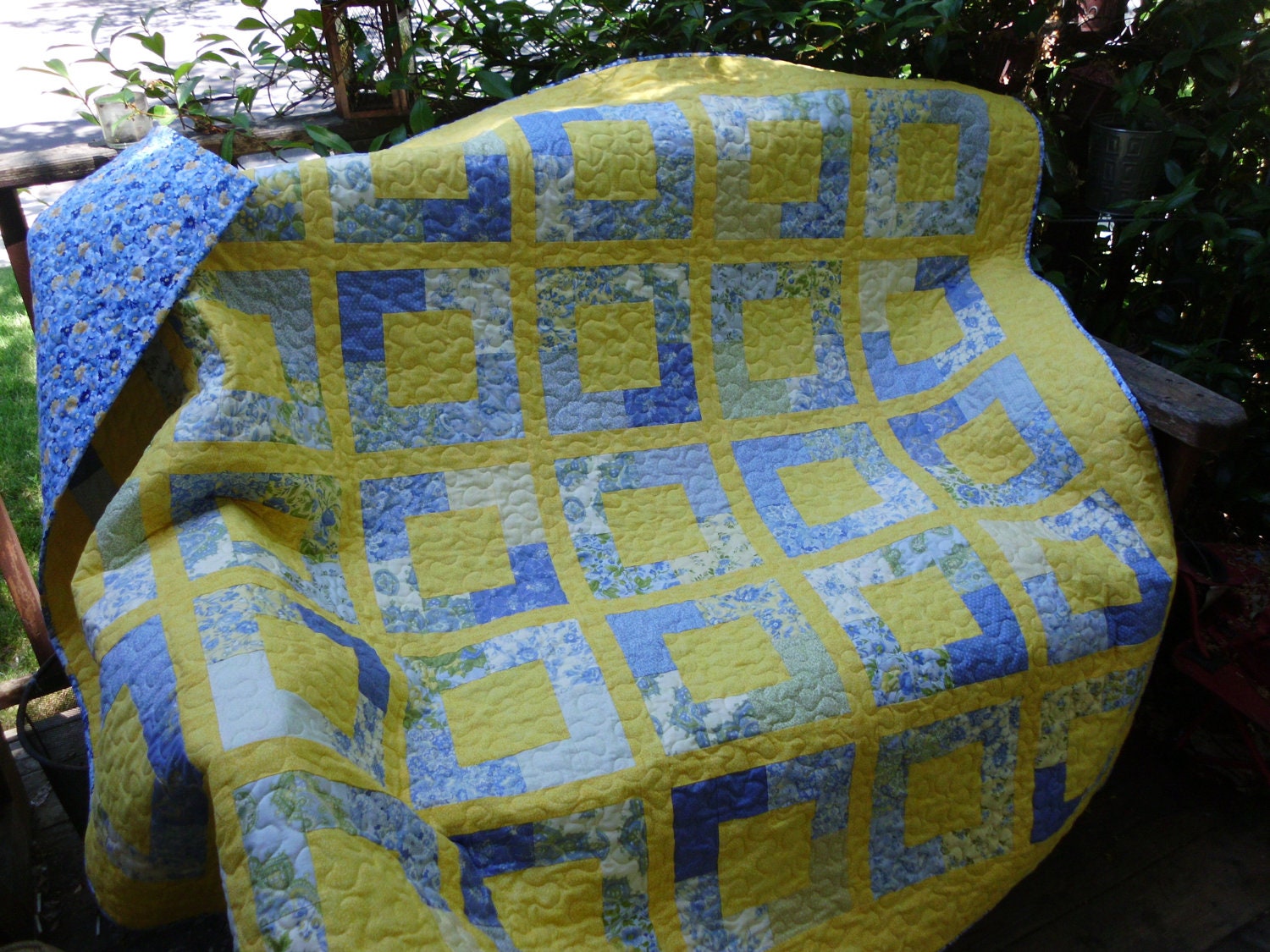 Bright yellow and blue blocks quilt handmade quilt squares