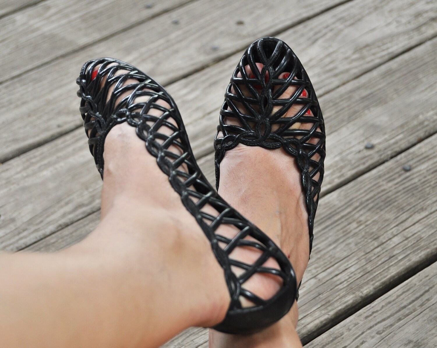 Vintage Ladies Jelly Shoes Black Lattice Weave 70s or 80s
