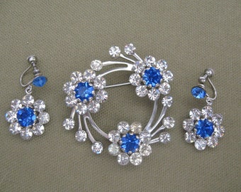 jewelry sets, rhinestone sets. brooch and earrings, blue rhinestone brooch, statement sets, rhinestone brooch, vintage sets, jewelry on sale