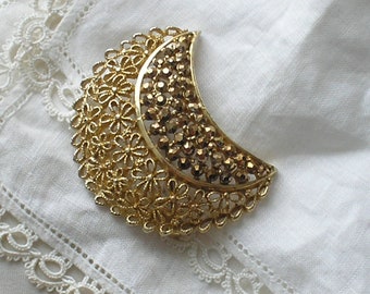 SALE! Vintage Gold Marcasite Crescent Moon Brooch