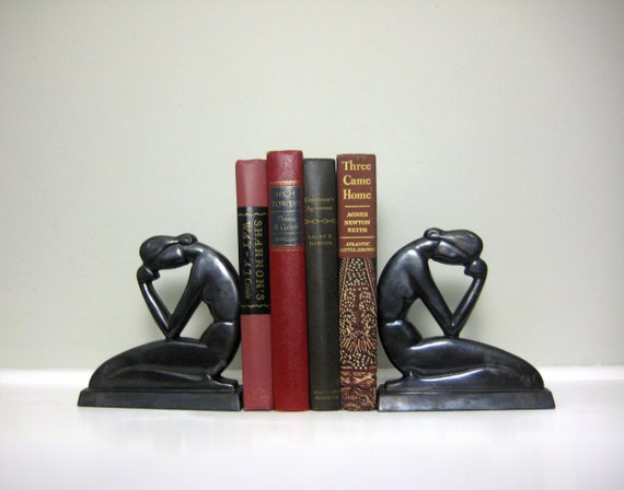 Vintage Art Deco Bookends Bronze Black Metal Stylized Lady