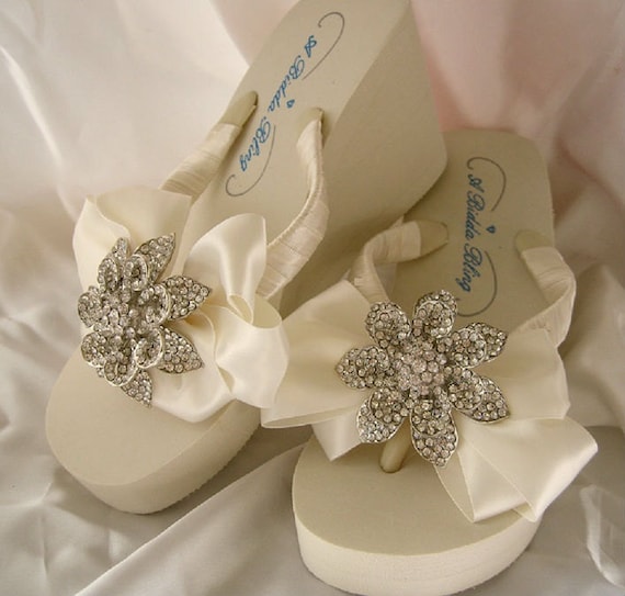 Ivory Flip Flops White Flip Flop Sandals with Satin Bow and Crystal ...