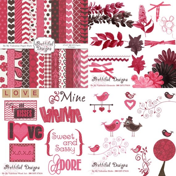 25% OFF Sale Valentine Digital Scrapbooking Kit Papers Frames Clip Art  Be My Valentine Kit 1 (203) (126) (215) (213)