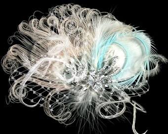 Bridal Feather Fascinator, Bridal Fascinator, Feather Fascinator, Bridal Headpiece, Something Blue and Ivory
