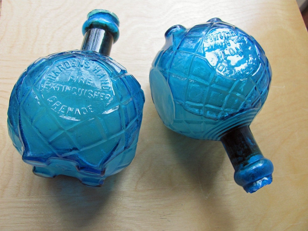 Two Hardens Hand Fire Extinguisher Grenade Antique Blue Bottle