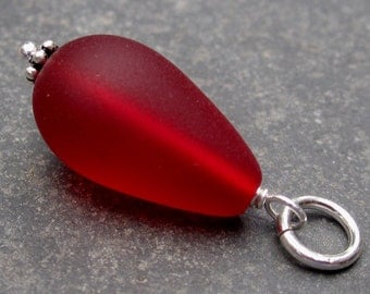 Sterling Silver Wire Wrapped Frosted Red Sea Glass Teardrop Dangle Pendant Charm with Sterling Silver Jump Ring