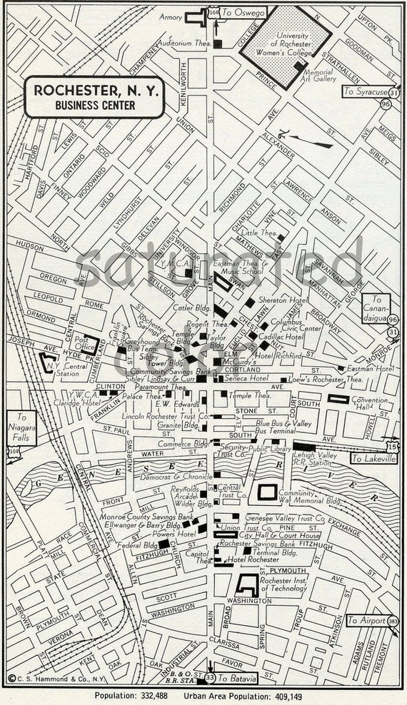 Rochester New York NY map Vintage 1950s by SaturatedColor