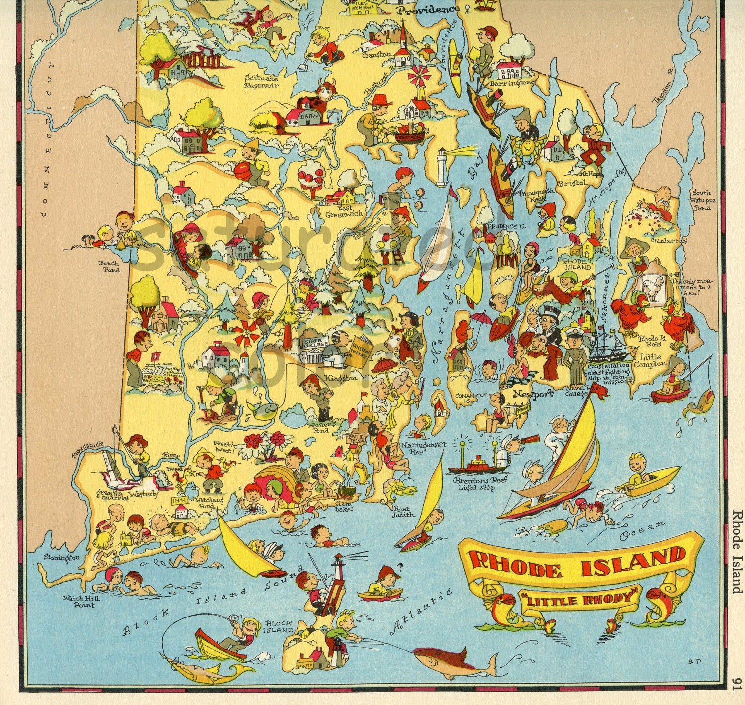 Rhode Island Map ORIGINAL 9 X 13 Vintage 1930s Antique Picture