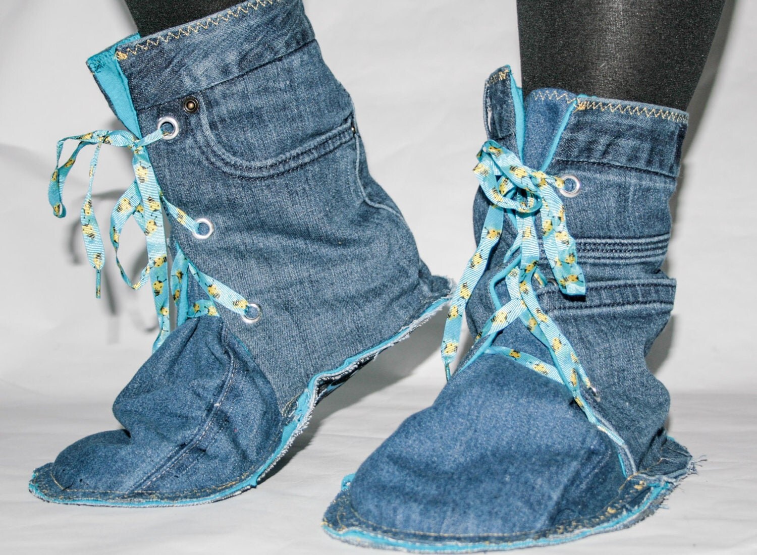 Recycled Denim Lace Up Slipper Boots Adult Size Medium 8/9