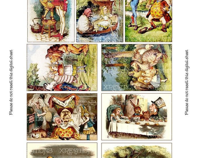 36 Alice in Wonderland colored prints set by John Tenniel in 2x3 inches - digital collage sheet