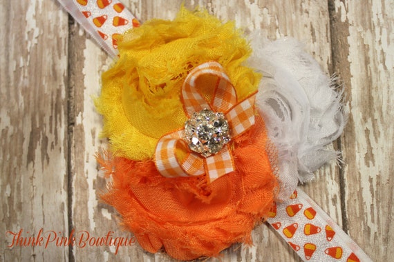 Candy Corn Halloween baby headband, baby headband,fall headband, baby girl headband in orange yellow and white,baby bows by ThinkPinkBows