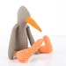 Baby bird - Eco Friendly Toy , Dark Olive Green chick duck with copper beak Wearing polka dots orange socks - timo handmade fabric doll