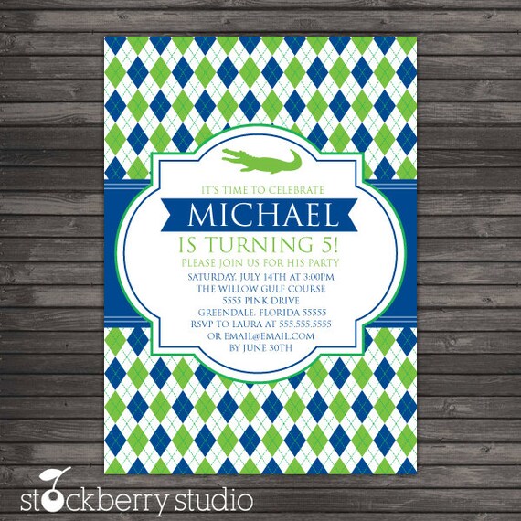 Preppy Blue Alligator Argyle Printable Birthday Invitation party 5x7 invitation or Baby Shower Il_570xn