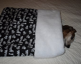 Small Dog Black / White Woof Print Snuggle Sack / Sleeping Bag FREE SHIPPING within the US
