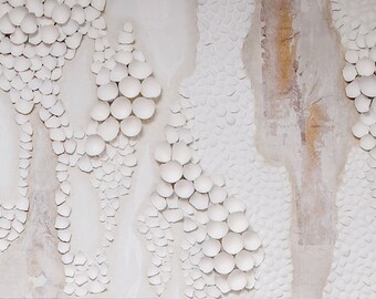 large abstract white painting on canvas. 8'x4'. unfinished poem.