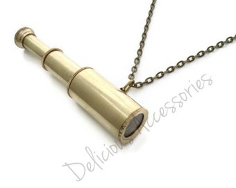Miniature Solid BRASS Working Retractable Telescope Pendant Necklace