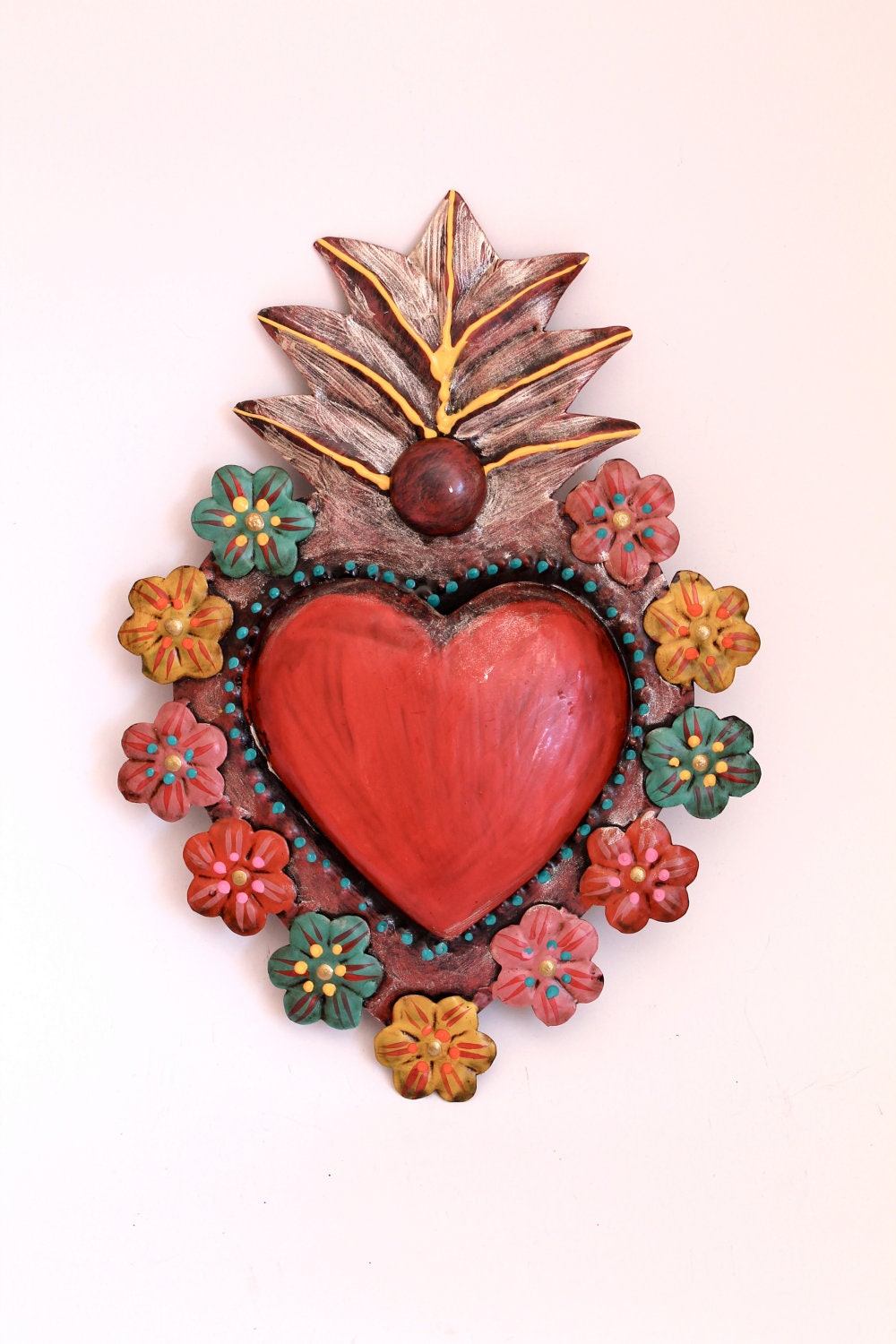 Tin sacred heart Mexican wall art multicolored flowers flora