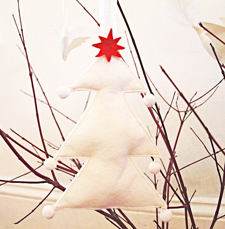 Christmas Tree Ornament/ Cream With Cream Pom Poms/ Eco Felt / Handmade/ Made to Order