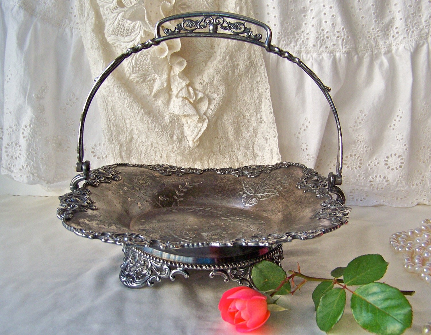 Antique Brides Basket 1895 Silver Plate Aged Patina Cake