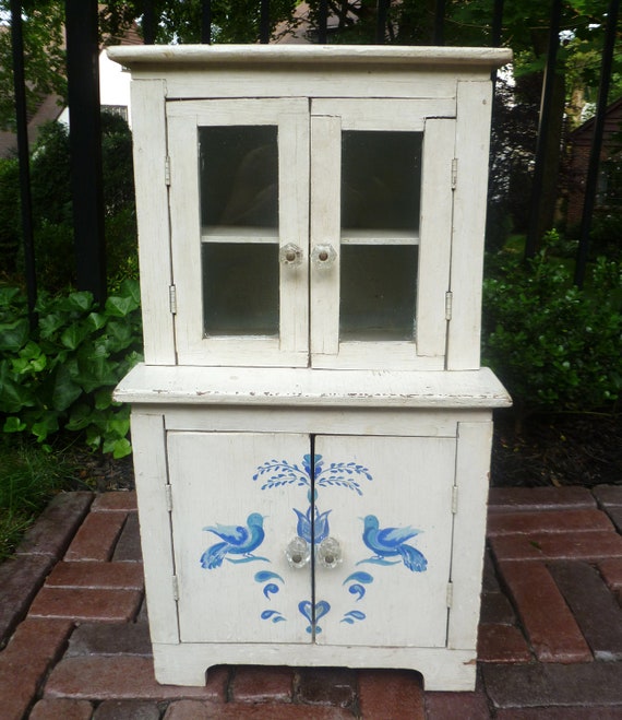 Painted  Child's  vintage with Antique  cupboard Stepback Cupboard. Glass child's Art. Wood. Folk