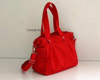 SALE - 3 Compartments bag in Red Water-Resistant Crinkle Nylon, Diaper bag, Tote, Shoulder Bag, Messenger, Cross body, Zipper closure - Nuch